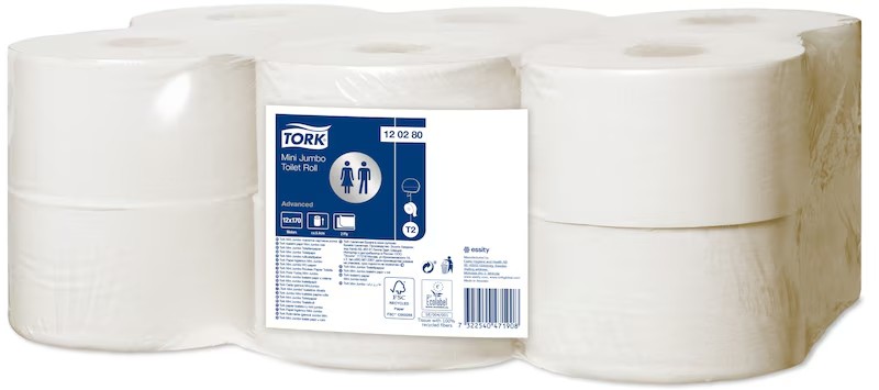Hartie igienica Tork Advanced T2, mini jumbo, alba, 2 straturi, 170m/rola, 12 role/bax