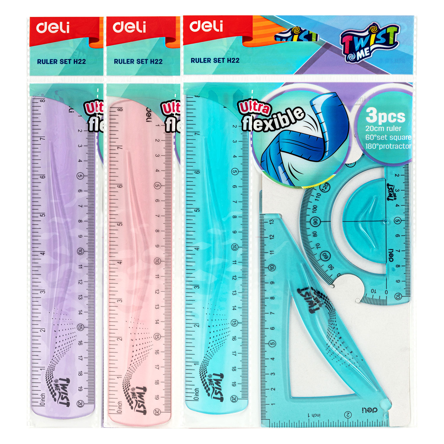 Set Geometrie 3 Piese Flexibil Twist Me Color (Rig.20, Ech.13cm, Raportor) Deli