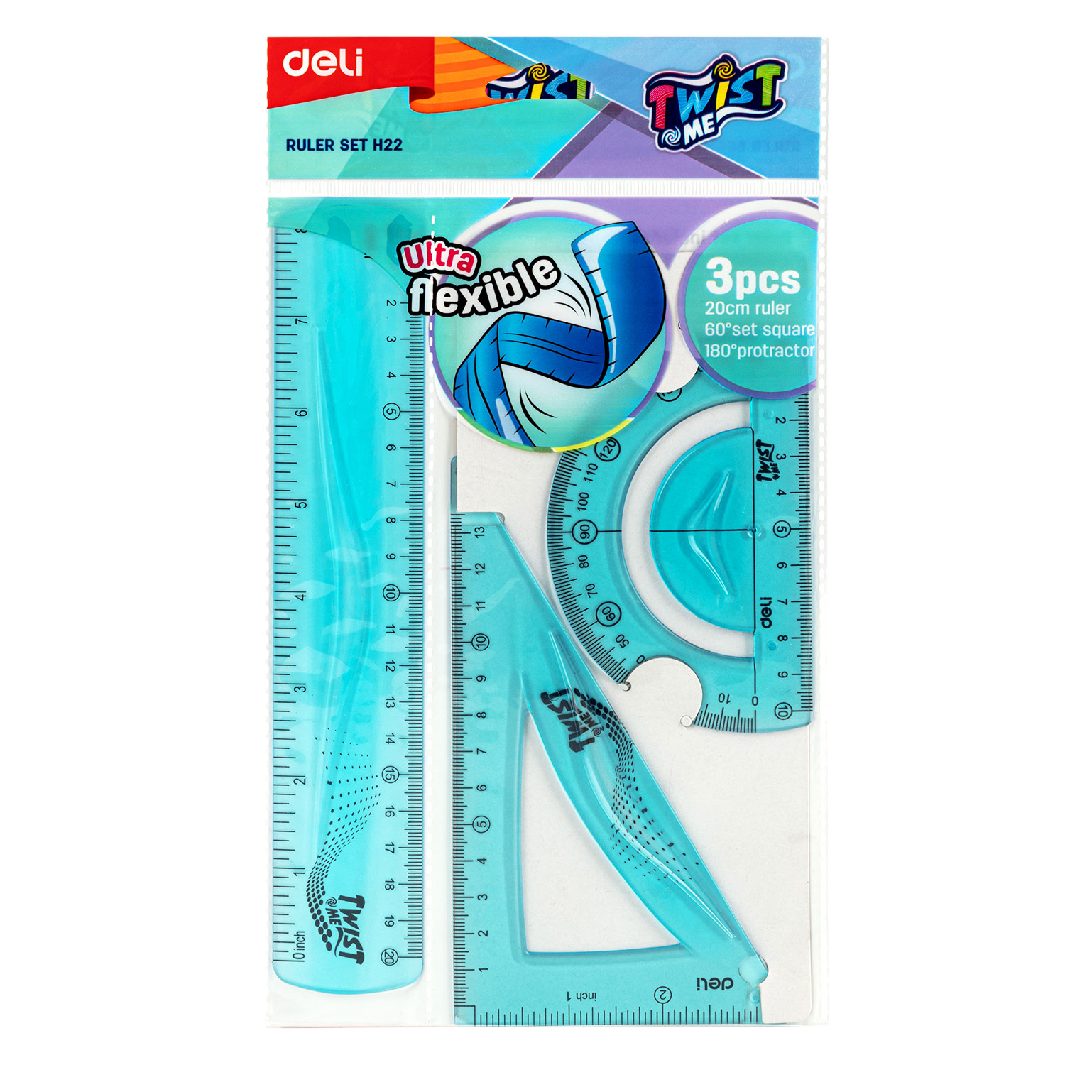 Set Geometrie 3 Piese Flexibil Twist Me Color (Rig.20, Ech.13cm, Raportor) Deli