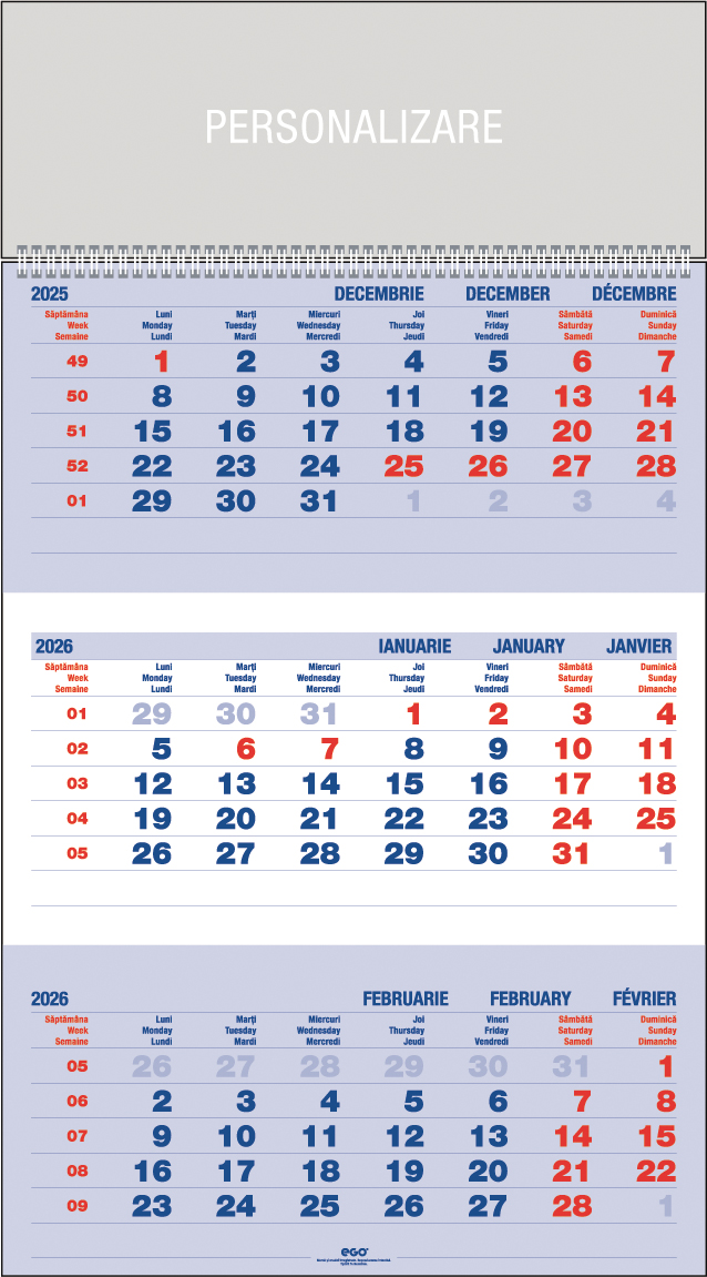 Calendar Perete Triptic Albastru 12 File Ego