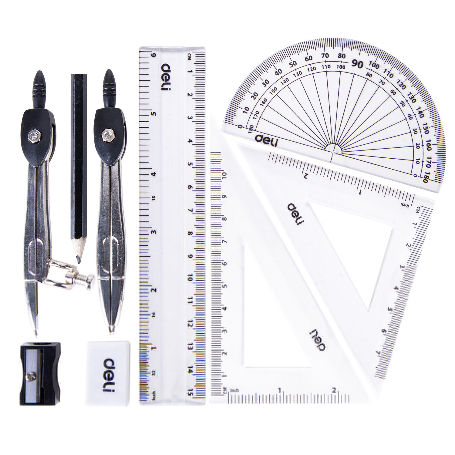Trusa Geometrie 9 Piese Cutie Metalica Deli