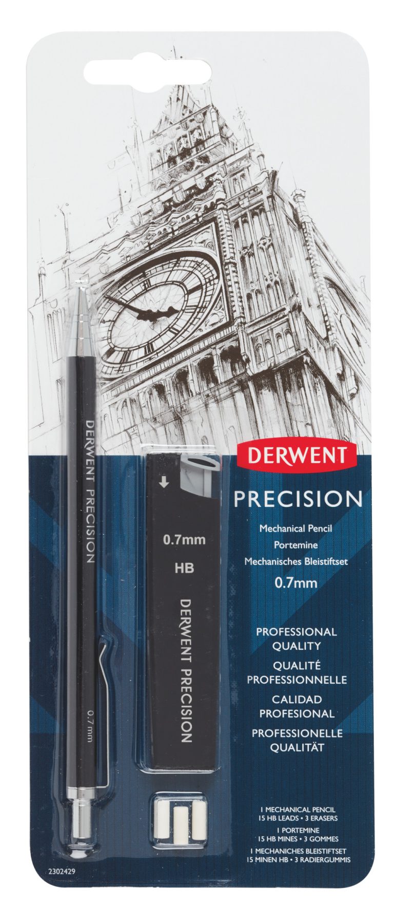 Blister Creion Mecanic 0.7mm Profesional Negru +Mine + 2 Radiere Derwent