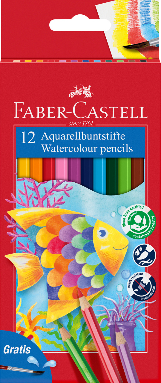 Creioane Colorate Acuarela 12 Buc + Pensula Faber-Castell