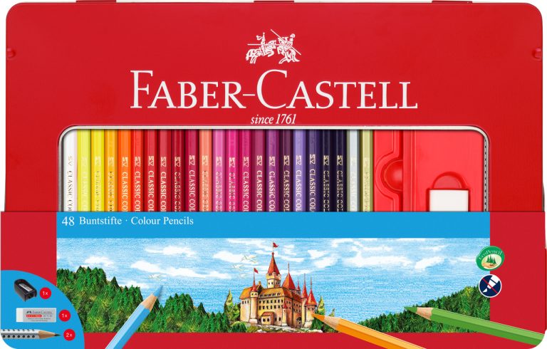 Creioane Colorate 48 Culori + 4 Accesorii Cutie Metal Faber-Cast
