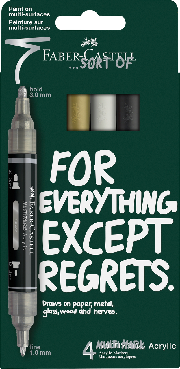 Blister 4 Markere Acrilice Multimark Culori Negru-Alb-Gri-Auriu Faber-Castell