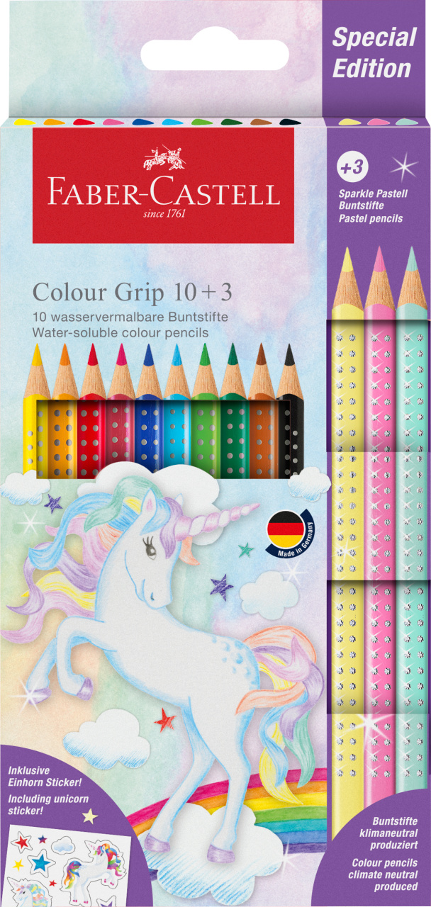 Set Promo Creioane Colorate 10+3 Culori Grip 2001 Unicorni Faber-Castell