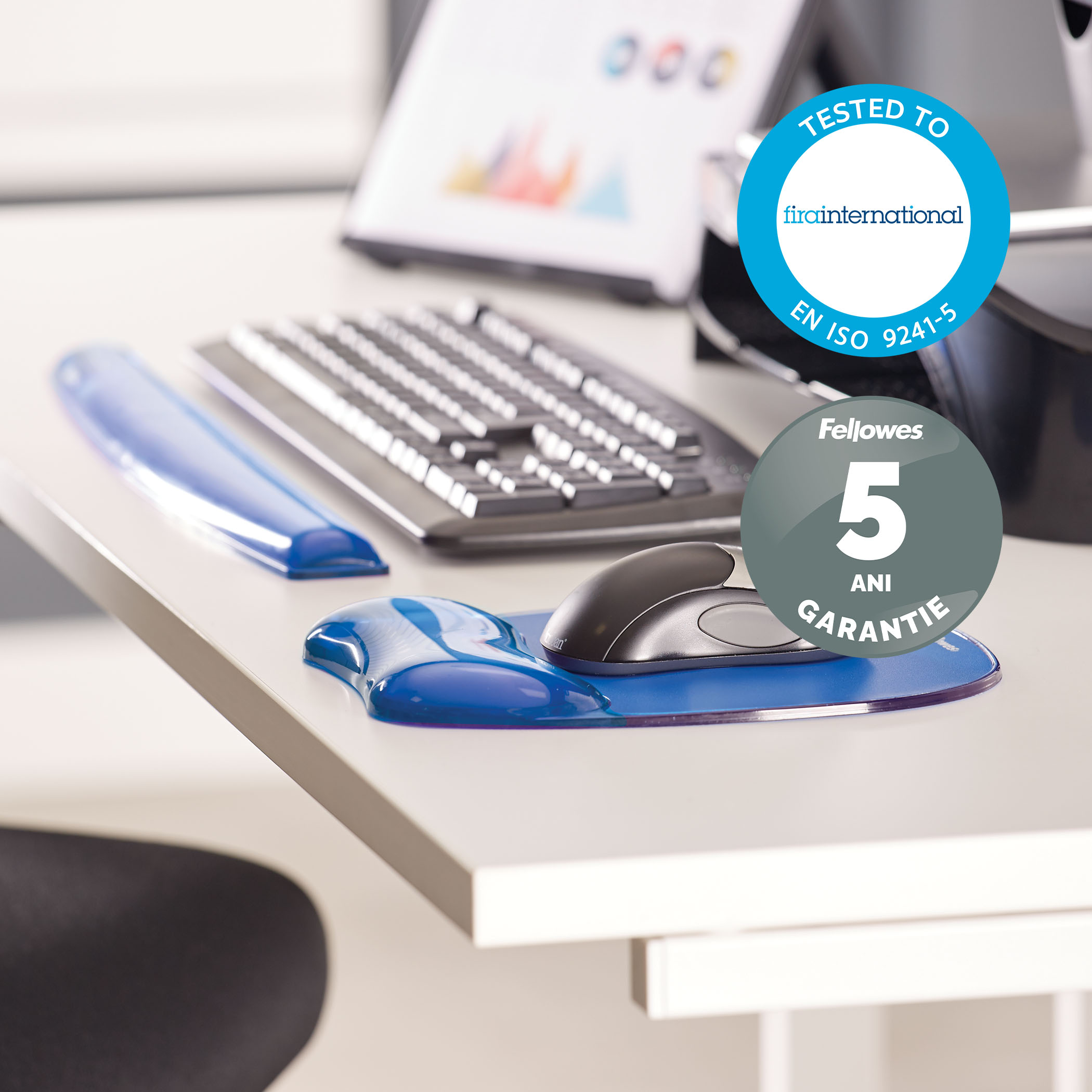 Mouse Pad Si Suport Incheieturi Albastru Gel Crystal Fellowes