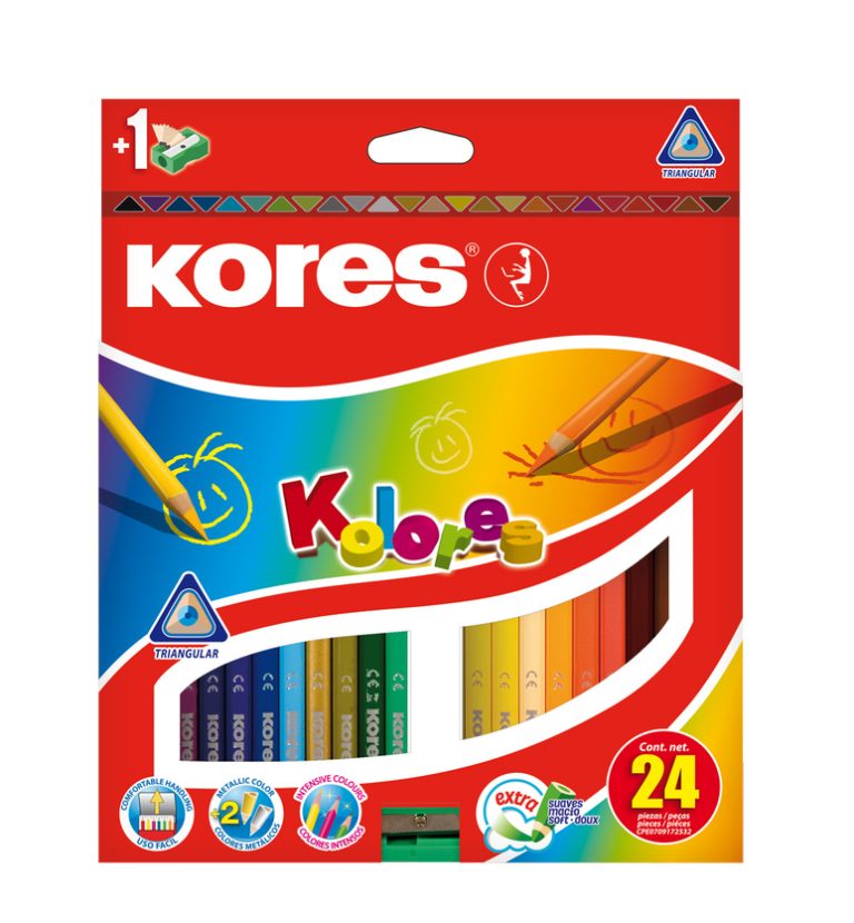 Creioane Colorate 24 Culori + Ascutitoare Triunghiulare Kores