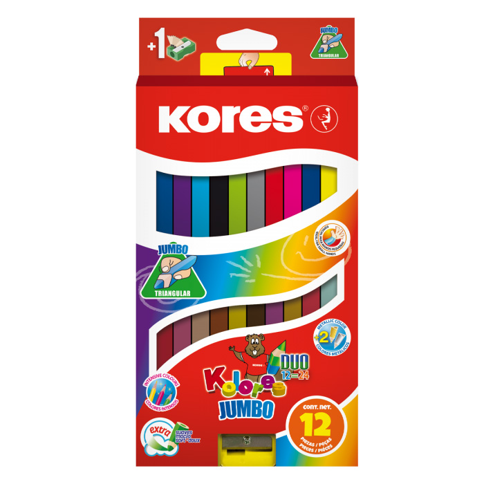 Creioane Colorate 12 Culori + Ascutit. Triunghiulare Jumbo Kores