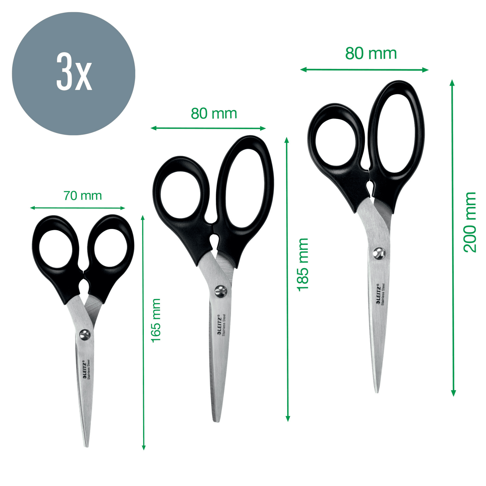 Foarfeca Birou Set 3(16.5, 18,5 & 20cm) Neagra Otel Inoxidabil Leitz