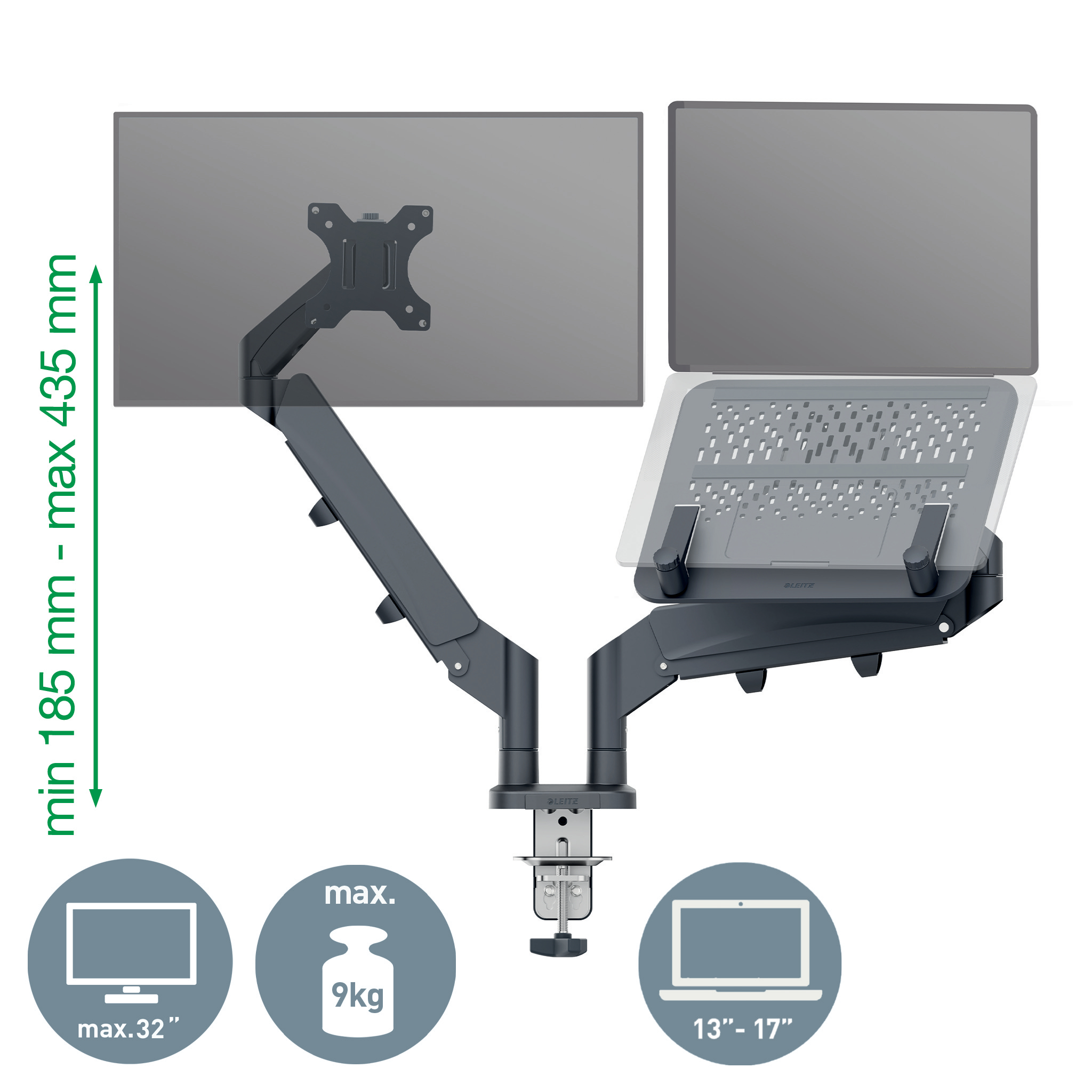 Suport Monitor 2 Brate + Suport Pt Laptop Gri Carbune Leitz