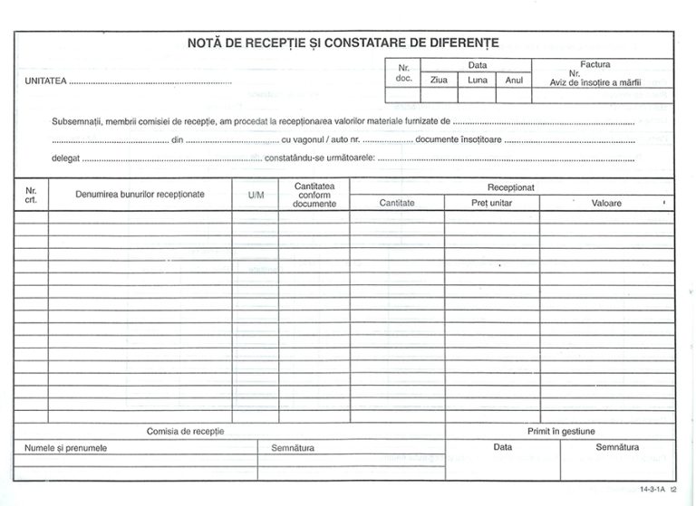 Nota Receptie Constatare Diferente Fara Tva Autocopiativa